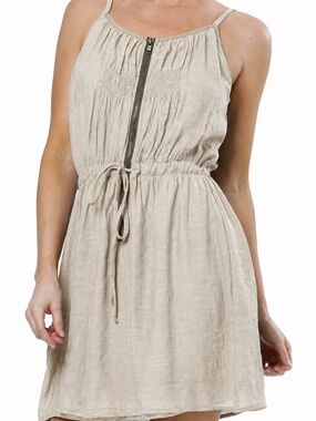 Mystree Dress Womens Large L Gray Tan Gauze Linen Blend Zip Tank Tie Waist GUC